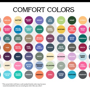Puede incluir: Un gr&aacute;fico de 60 nombres de colores diferentes, organizados en una cuadr&iacute;cula. Los nombres de los colores est&aacute;n escritos en texto blanco sobre c&iacute;rculos de colores. El gr&aacute;fico se titula "Colores Confort".