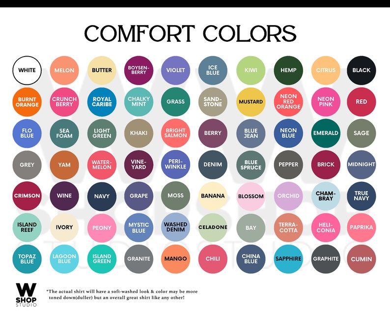 Puede incluir: Un gr&aacute;fico de 60 nombres de colores diferentes, organizados en una cuadr&iacute;cula. Los nombres de los colores est&aacute;n escritos en texto blanco sobre c&iacute;rculos de colores. El gr&aacute;fico se titula "Colores Confort".