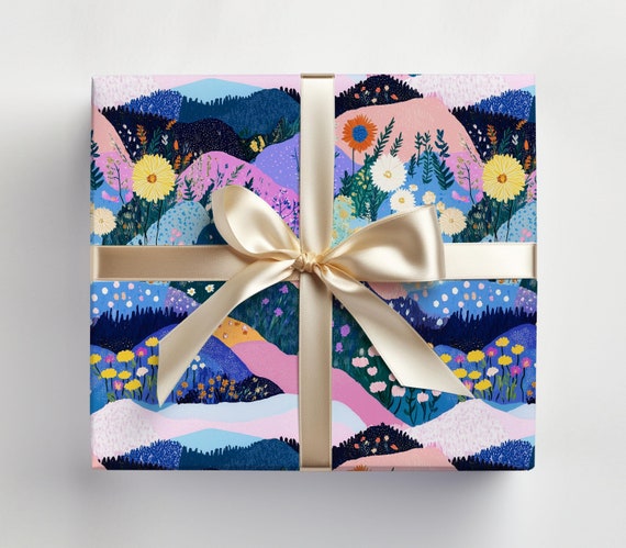 Nature Theme Gift Wrap Roll - Mountain and Floral Design, Perfect for Mothers Day