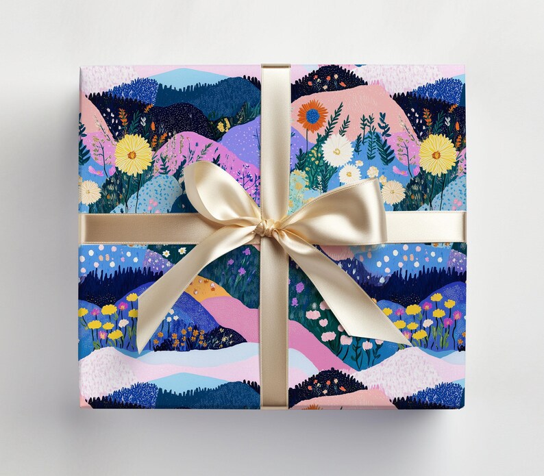 Nature Theme Gift Wrap Roll - Mountain and Floral Design, Perfect for Mothers Day