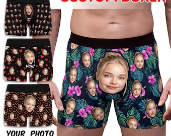 Personalized Face Boxer Briefs, Custom Photo Mens Underwear, Tropical Design, Funny Gift for Boyfriend