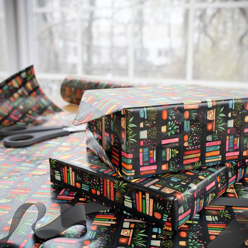 Wrapping Paper, Books and Plants Gift Wrap Roll, Book Lover Present Wrap, Plant Lover Wrapping, Holiday Gift Wrap, Present Wrapping