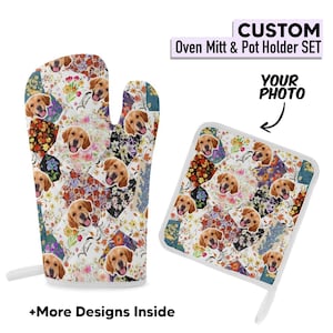 May include: Custom oven mitt and pot holder set featuring a patchwork design with golden retriever faces and floral patterns. The set includes an oven mitt and a square pot holder. The text "CUSTOM Oven Mitt & Pot Holder SET" is visible.