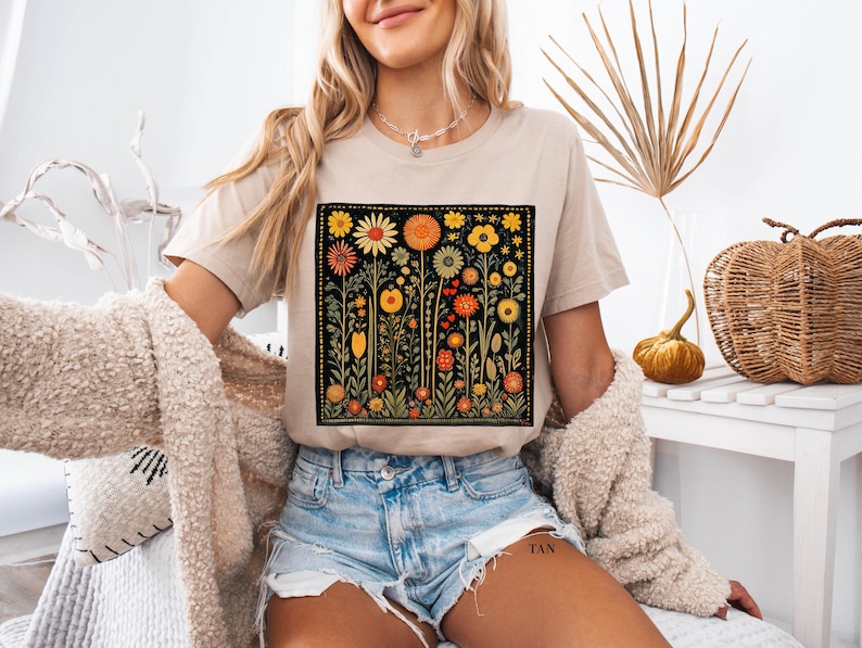 Vintage Floral Shirt, Retro Flower Tee, Folk Art Bohemian, Hippie Style, Goblincore Shirt Nature Lover Gift, Cottagecore Shirt Gift For Her