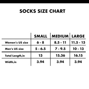 May include: Socks size chart with measurements in inches for women's and men's UK shoe sizes, total length, and width. Small: 6-8 women's, 5-6.5 men's, 13 inches total length, 3.94 inches width. Medium: 8.5-11 women's, 7-9.5 men's, 15.36 inches total length, 3.94 inches width. Large: 11.5-13 women's, 10-13 men's, 16.15 inches total length, 3.94 inches width.