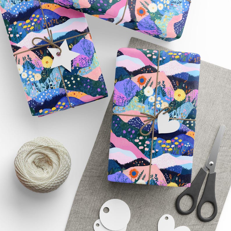 Wrapping Paper, Mountain and Floral Gift Wrap Roll for Mother's, Father's Day, Kids - Patchwork Design, Nature Theme, BFF Present Packaging