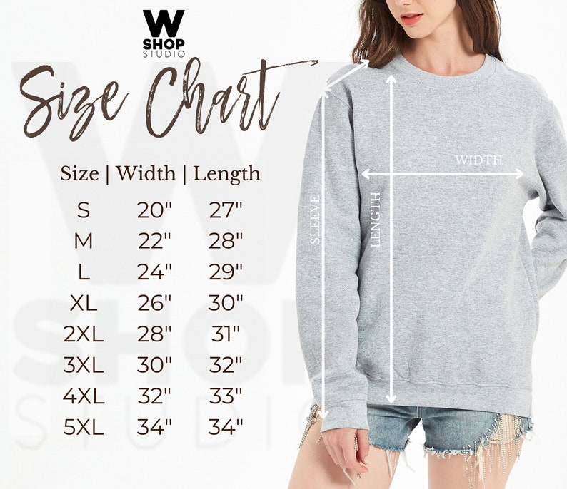 May include: Size chart for a sweatshirt with measurements in inches for width and length. The chart shows sizes from S to 5XL. The sweatshirt is gray and is being worn by a person.