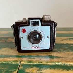Vintage Kodak Brownie Holiday, 1960s Mini Film Camera w/ Strap, Brown & Silver w/ Red Writing, Collectible Retro Gift for Photographer