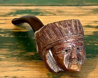Pipa de madera Bruyere, cara de madera tallada, pipa vintage