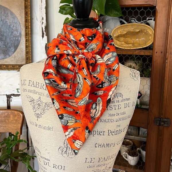 Silk Scarf for Women, Orange Wild Rag w/ Black and White and Turquoise Flowers, by Austin Accent, Summer Boho Western Accessories