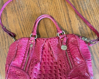 Vintage Pink Brahmin Satchel Hand Bag Purse w/ Shoulder Strap, Hot Pink Textured Leather, Collectible Designer Bag for Women **Gently Used**