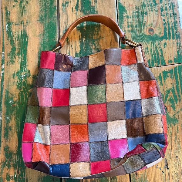 Patchwork Leather Purse by Stella & Max, Vintage Accessories for Women, Large Tote/Shoulder Bag, Quilt Leather in Red/Pink/Brown/Blue/Yellow