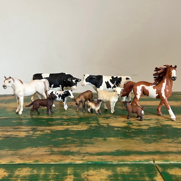 Schleich Farm Animal Toy Lot, Collectible Pretend play Toys, Cows/Horses/Goats/Dog, 10 Piece Lot