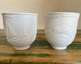 Lladro Sail Boat & Dolphin Maritime Cups, 1997-1998 Collector's Series, White Bisque Pottery Made in Spain, Nautical Summer Decor, Set of 2