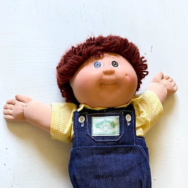 Cabbage Pacth Doll Vintage Baby Boy w/ Red Hair, Denim Overalls Onesie and Yellow Gingham Collared shirt, Rubber Sneakers, 1978/1982