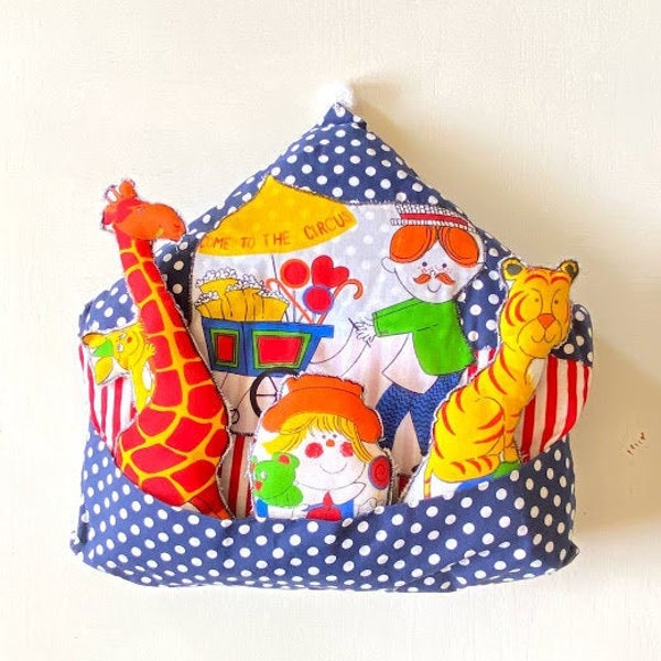 Handmade Quilted Circus Pillow/Toy, Vintage Nursery Decor/Toddler Gift, 4 pc Stuffed Animal/Pillow Set w/ Circus, Giraffe, Tiger, and Girl