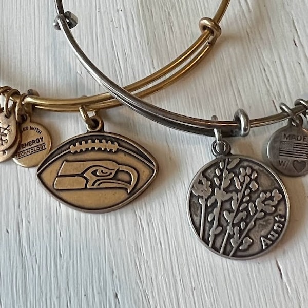 Alex & Ani Bangle Bracelets, Collectible Preppy Jewelry for Women, Gold Seahawks or Silver Aunt, Sold Separately