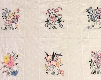 Quilt Top Embroidered Birth Month Flowers, Vintage Handmade Unfinished Quilt, White w/ Floral Pattern