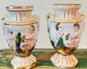 Italian Mini Ceramic Vases, Vintage, Putti Cherubs, White/Metallic Gold, Set of 2, Crazed, Spring/Summer Traditional Decor