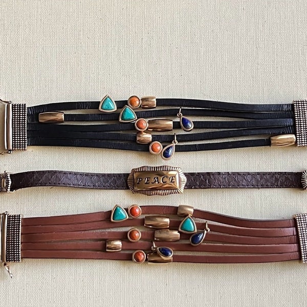 Barse Thai Bracelets Leather & Semi Precious Stones, Black/Brown/Peace, Multistrand Bracelets, Collectible Preppy Jewelry, Sold Separately