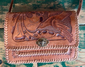 Tooled Leather Vintage Purse, Western Accessories for Women, Handmade Bag w/ Adjustable Shoulder/Hand Strap, Tooled w/ Bird and Flowers