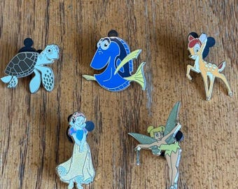 Authentic Disney Trading Pins, Collectible Vintage Enamel Pins w/ Stoppers, Crush/Dory/Bambi/Snow White/Tinkerbell Each Sold Separately