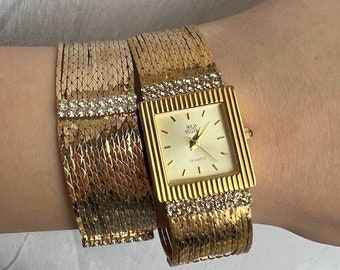 Rare Nolan Miller Star Luster Liquid Gold Watch & Bracelet 2 Piece Set, Vintage Designer Costume Jewelry for Women, Gold Toned, Rhinestones