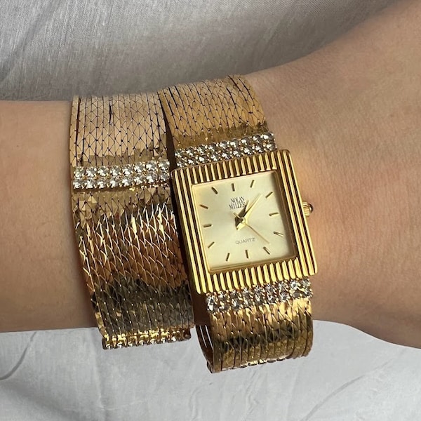 Rare Nolan Miller Star Luster Liquid Gold Watch & Bracelet 2 Piece Set, Vintage Designer Costume Jewelry for Women, Gold Toned, Rhinestones