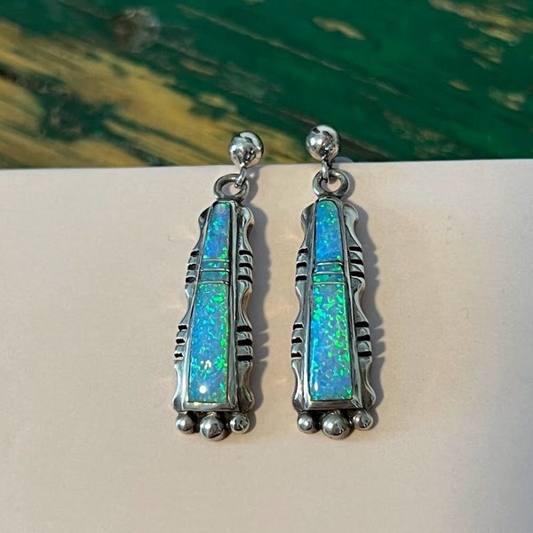 Native American Blue Opal & Sterling Silver Earrings, Dangle/Studs, Vintage, Inlay Stone, Collectible Vintage Jewelry for Women