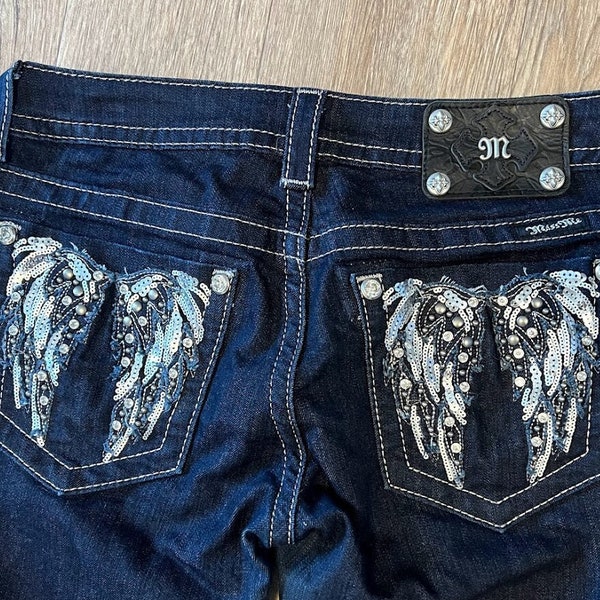 Miss Me Jeans Size 28, Women's Straight Leg, Dark Wash Denim, Blin Sequins Angel Wing Pockets, Collectible Preppy Fashion