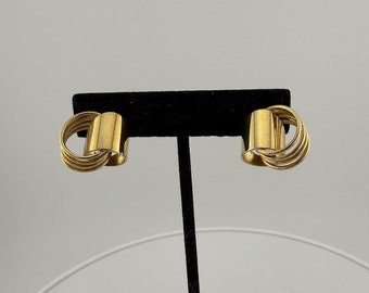 Vintage Brighton Pebble Stud Earrings on Original Jewelry Card, Gold-Toned Metal, Chunky Interlocking Hoop Studs, Collectible Gift for Women