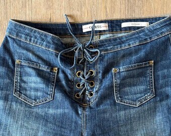 Guess 1981 Flare Lace Up Jeans, NWOT, Preppy Collectible Fashion for Women, Size 29, Dark Blue Denim Jeans for Spring & Summer