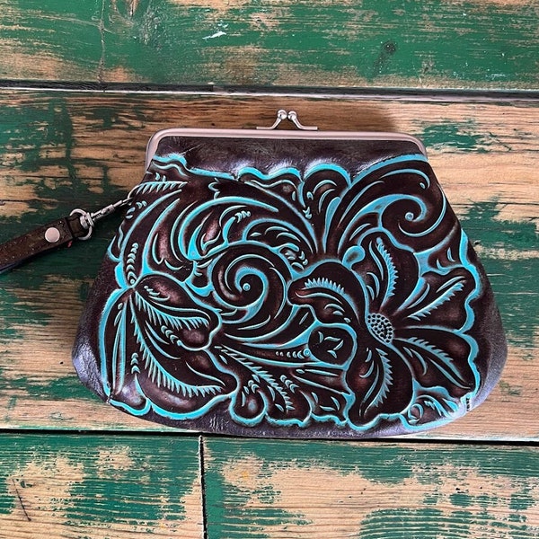 Patricia Nash Tooled Leather Clam Shell Wristlet Purse Wallet, Dark Brown Leather w/ Turquoise Floral Embossing, Western Accessory for Women