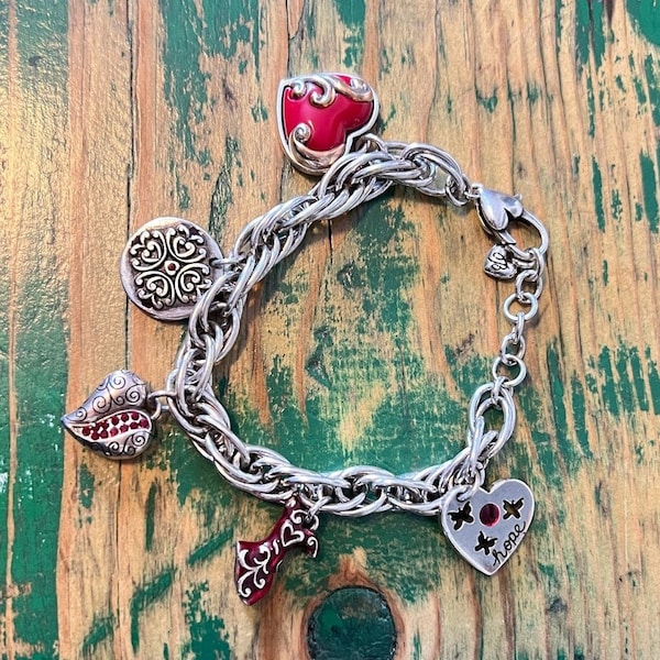 Brighton Red Charm Bracelet, Collectible, Chunky Chain w/ Hearts, Dress, and Round Charms, Metal, Enamel, Crystals, Gifts for Women