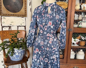 70s Montgomery Ward Dress, Vintage Mid Century Spring Fashion for Women, Size M?, Blue w/ Pink Flowers, Long Sleeve/High Neck/Long/Modest