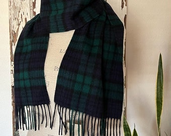 Marchbrae NWT Tartan Wool Scarf, Scottish Lambs Wool, Green & Blue w/ Fringe, Winter Women's Fashion