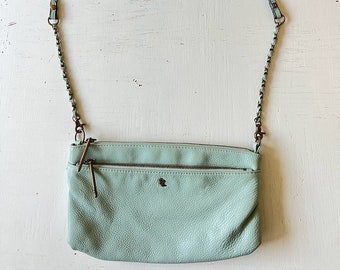 Leather Elliott Lucca Mint Green Purse, Cross Body Removeable Chain Strap, Brass Hardware, Small Compact Unique Purse for Women/Girls