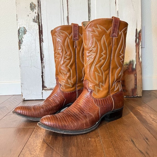 Vintage Mens Justin Cowboy Boots, Leather w/ Reptile Skin, Tan & Brown w/ Embroidery, Size ?, Great Condition, Cowboy Western Wear