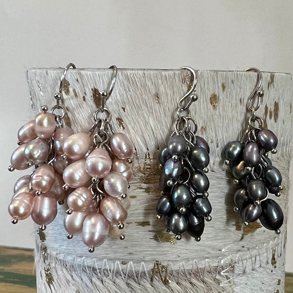 Dangly Pearl Cluster Earrings, Pink or Grey **Sold Separately**, Genuine Pearls, Unique Coastal Earrings for Women/Girls, Summer Fashion