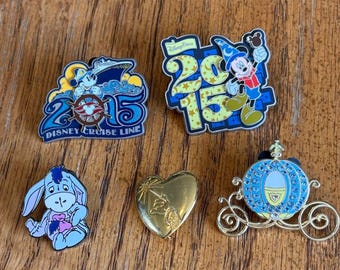 Authentic Disney Trading Pins, Collectible Enamel Pins Each Sold Separately, Mickey - Cruise Line - Eeyore - Brass Heart - Cinderella&#39;s Cart