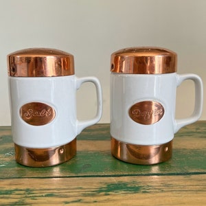 Ceramic & Copper Salt and Pepper Shakers Set, Vintage Farmhouse Kitchen Decor, Decorative or Functional