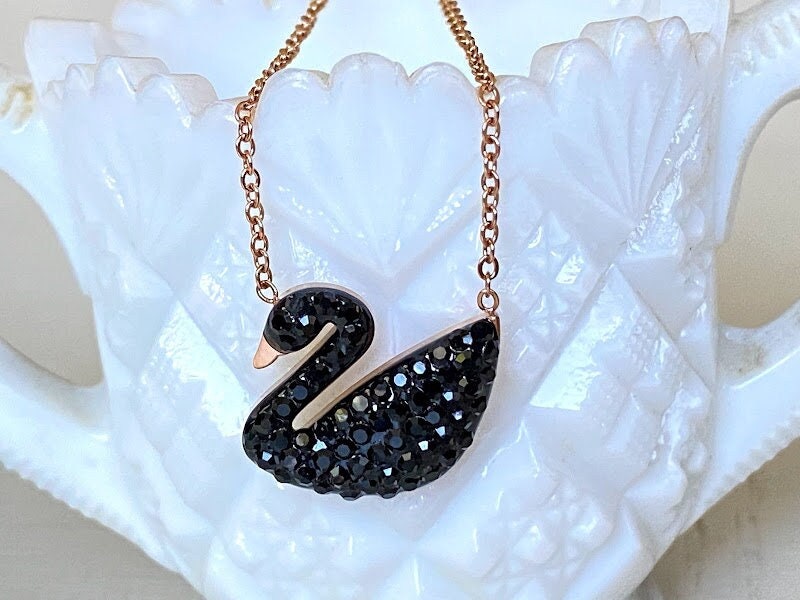 Swarovski Black Swan Necklace W/ Rose 