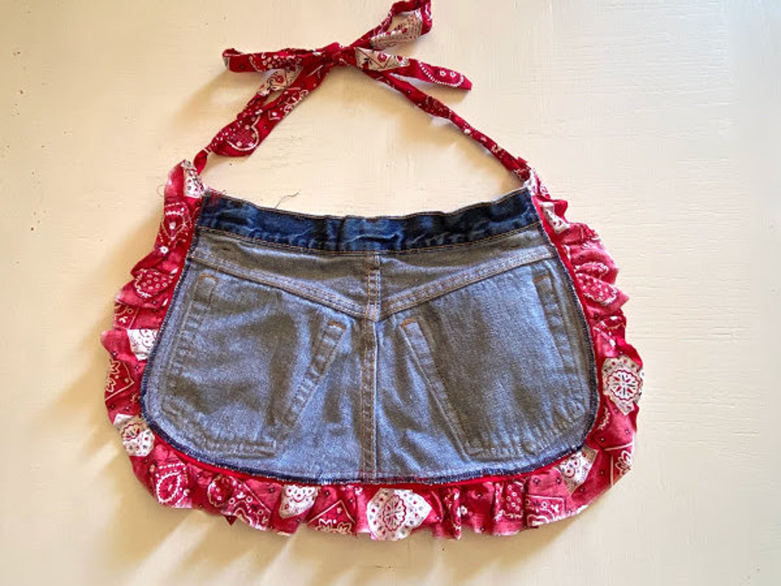 Vintage Waist Apron, Handmade/upcycled Denim Jeans, Bandana, and Lace