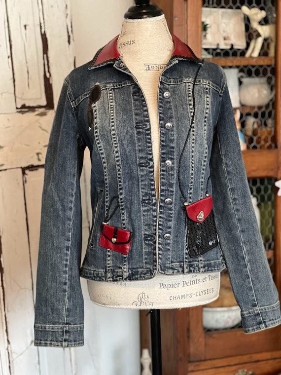 Brighton Denim Jacket w/ Red Leather Collar & Appl