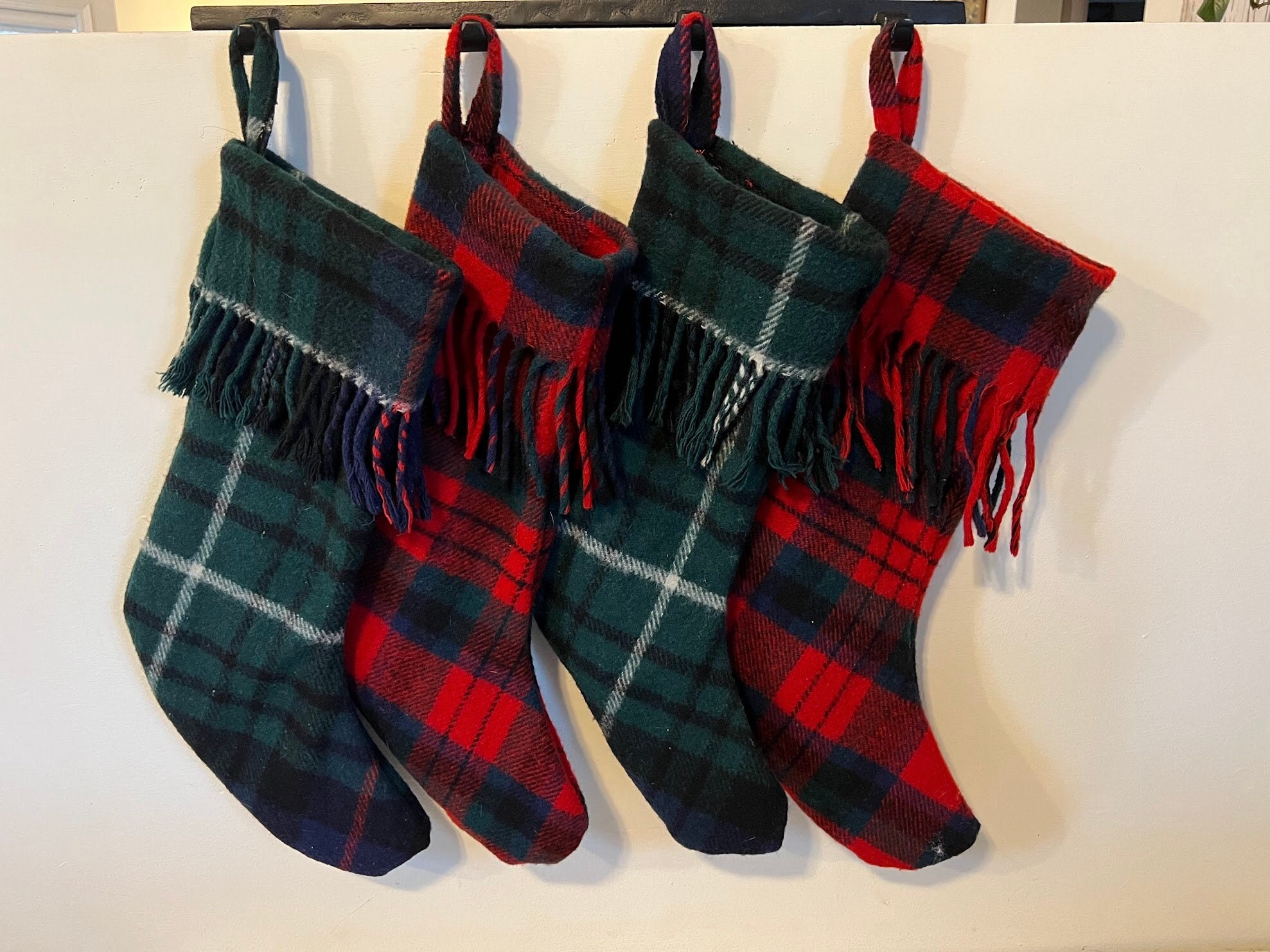 Handmade Pendleton Stockings, Green or Red Tartan with Fringed Cuffs, **Each Sold Separately**, Western Traditional Christmas Decor