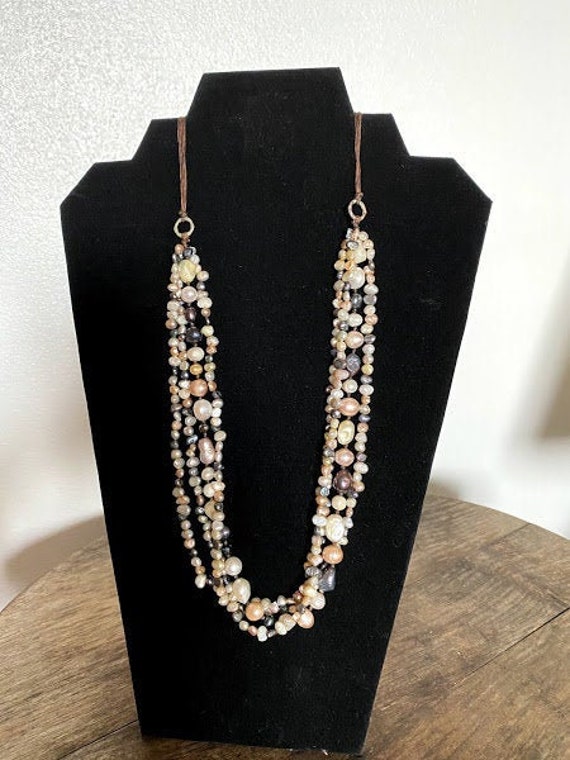 Pearl 4 Strand Necklace, White/Grey/Pink Pearls a… - image 1