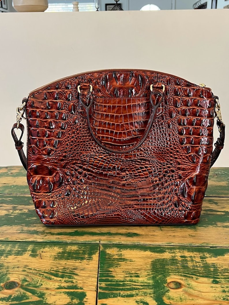 Large Brahmin Purse Hand Bag w/ Removeable Crossbody Strap, Brown Leather, Crocodile Skin Texture Embossed Leather, NWOT Designer Fashion image 3