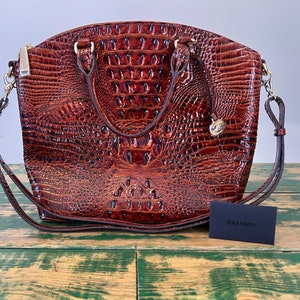 Large Brahmin Purse Hand Bag w/ Removeable Crossbody Strap, Brown Leather, Crocodile Skin Texture Embossed Leather, NWOT Designer Fashion image 1