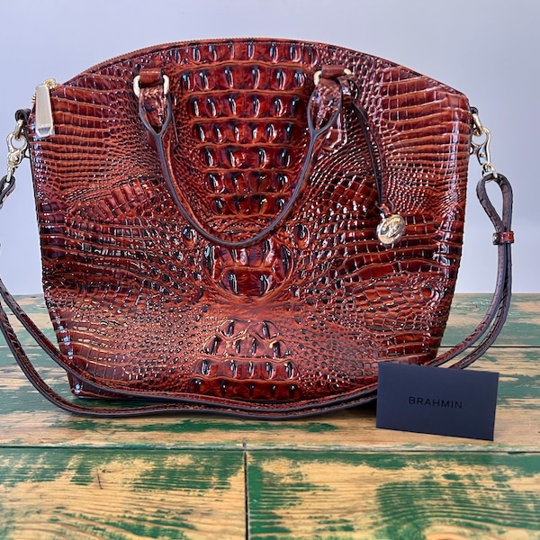 Large Brahmin Purse Hand Bag w/ Removeable Crossbody Strap, Brown Leather, Crocodile Skin Texture Embossed Leather, NWOT Designer Fashion