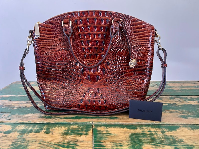 Large Brahmin Purse Hand Bag w/ Removeable Crossbody Strap, Brown Leather, Crocodile Skin Texture Embossed Leather, NWOT Designer Fashion image 1